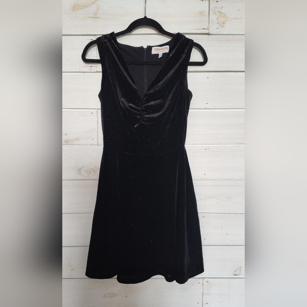 Cosmopolitan x Dress the Population Dress Black Sparkle V Neck Flare Small New
